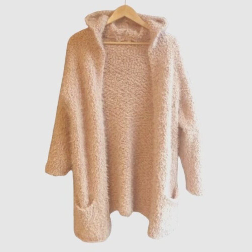 Popcorn Eyelash Hooded Cardigan Large Peach Cozy Chic